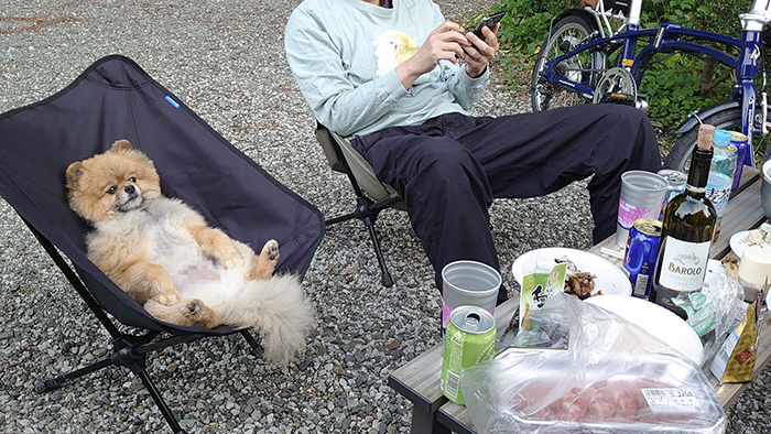 バーベキューをする飼い主とポメラニアンの写真