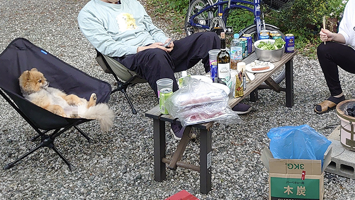 バーベキューをする飼い主とポメラニアンの写真